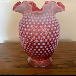 RARE SIZE Large Fenton Cranberry Hobnail White Opalescent Ruffle Edg